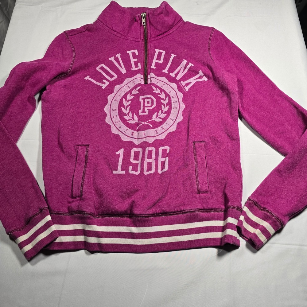 Victoria's Secret PINK XS  Quarter Zip Sweatshirt Magenta‎ Purple 1986 Graphic